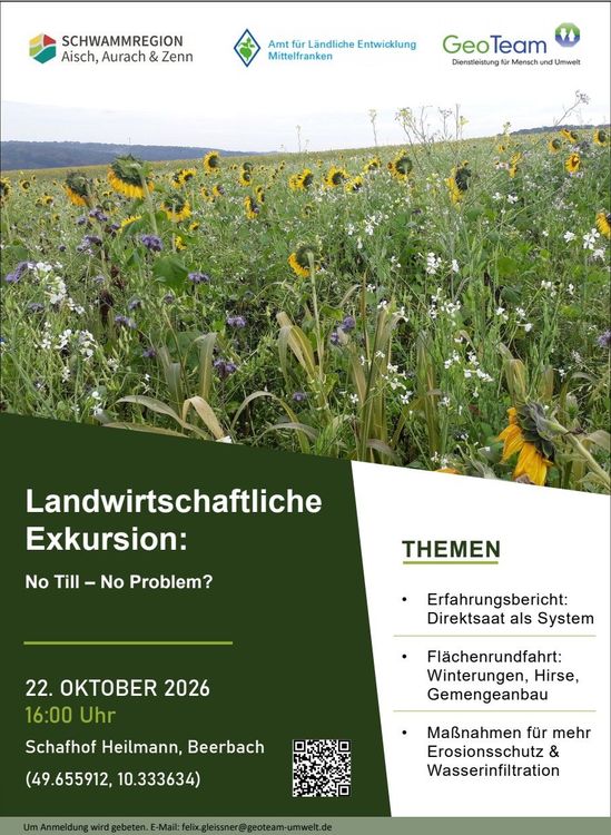Zu sehen ist ein Ausschnitt des Einladungsflyers mit einem Sonnenblumenfeld und der Überschrift: Landwirtschaftliche Exkursion